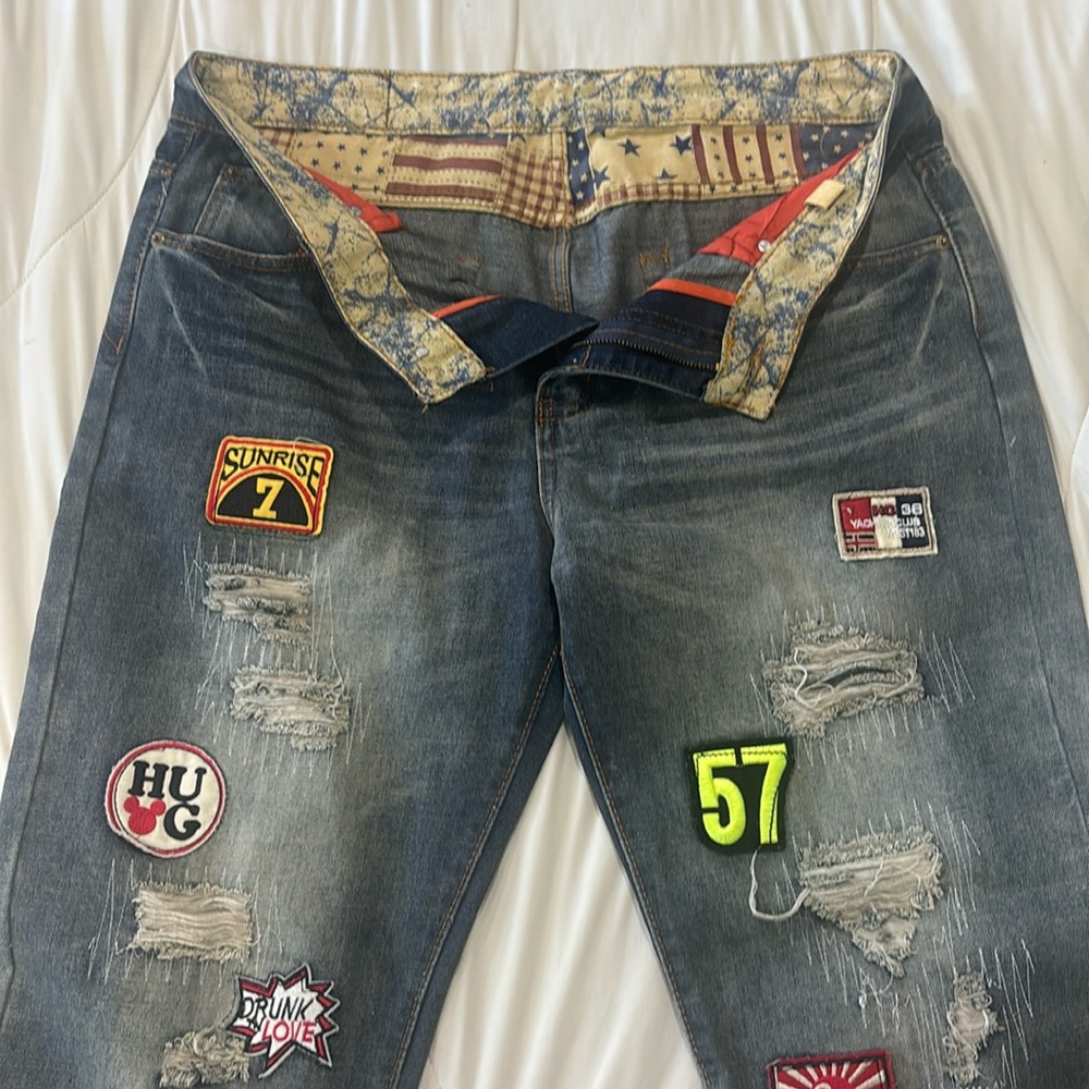 Sosoo Men’s Distressed Patchwork Medium Wash Jeans Size 38